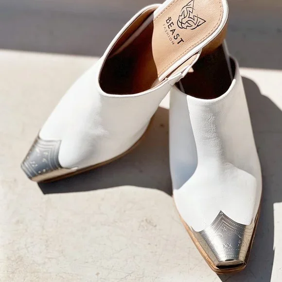 NEW White PU Leather Silver Metal Pointy Square Toe Block Heel Western Mule Shoe - Picture 13 of 13